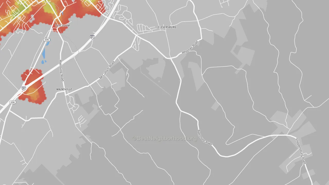 Walk Grade map of Cleversburg, PA, walkable areas in green and car-dependent areas in red