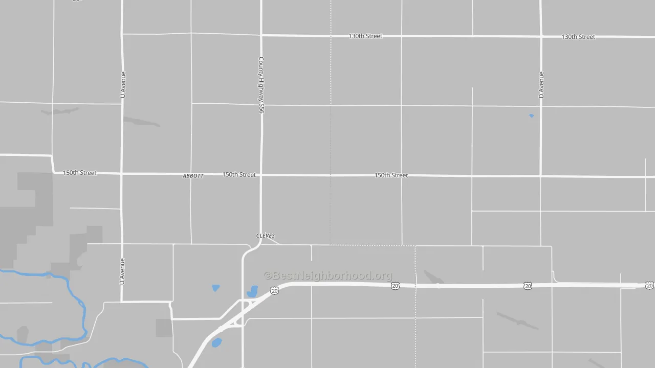 Walk Grade map of Cleves, IA, walkable areas in green and car-dependent areas in red