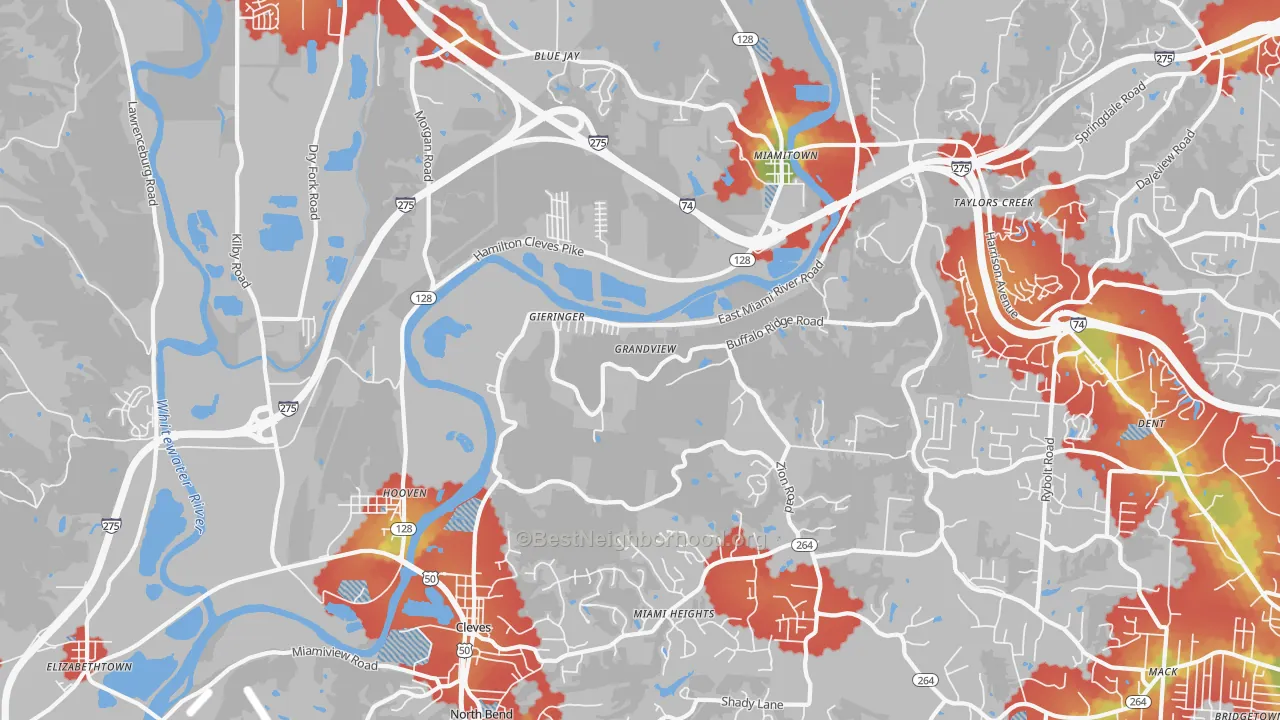 Walk Grade map of Cleves, OH, walkable areas in green and car-dependent areas in red