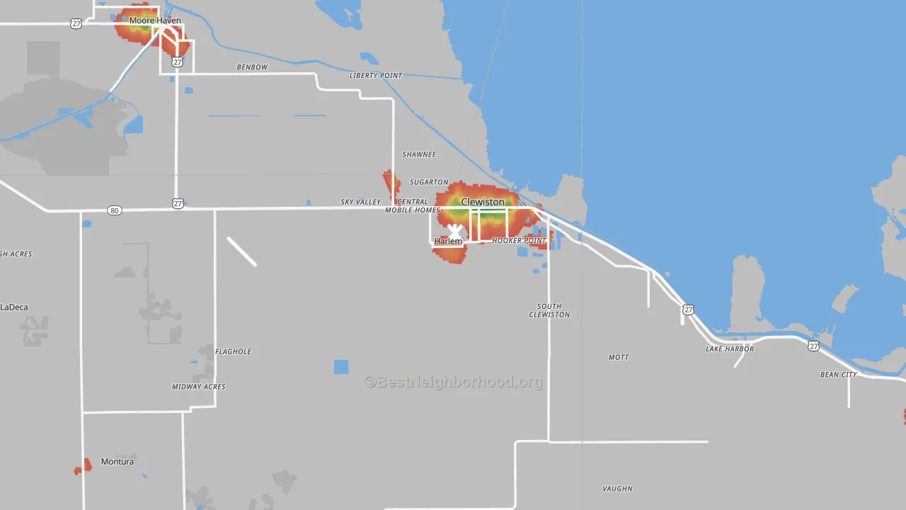 Walk Grade map of Clewiston, FL, walkable areas in green and car-dependent areas in red
