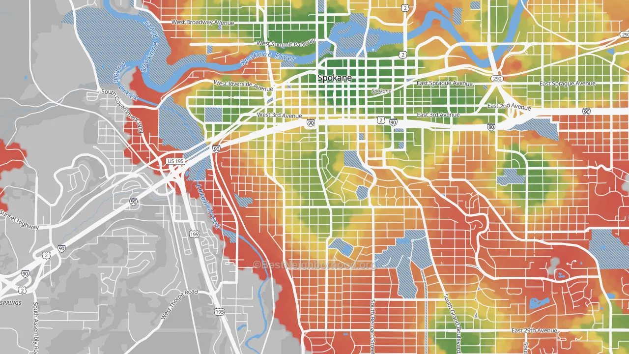 Walk Grade map of Cliffcannon, Spokane, WA, walkable areas in green and car-dependent areas in red