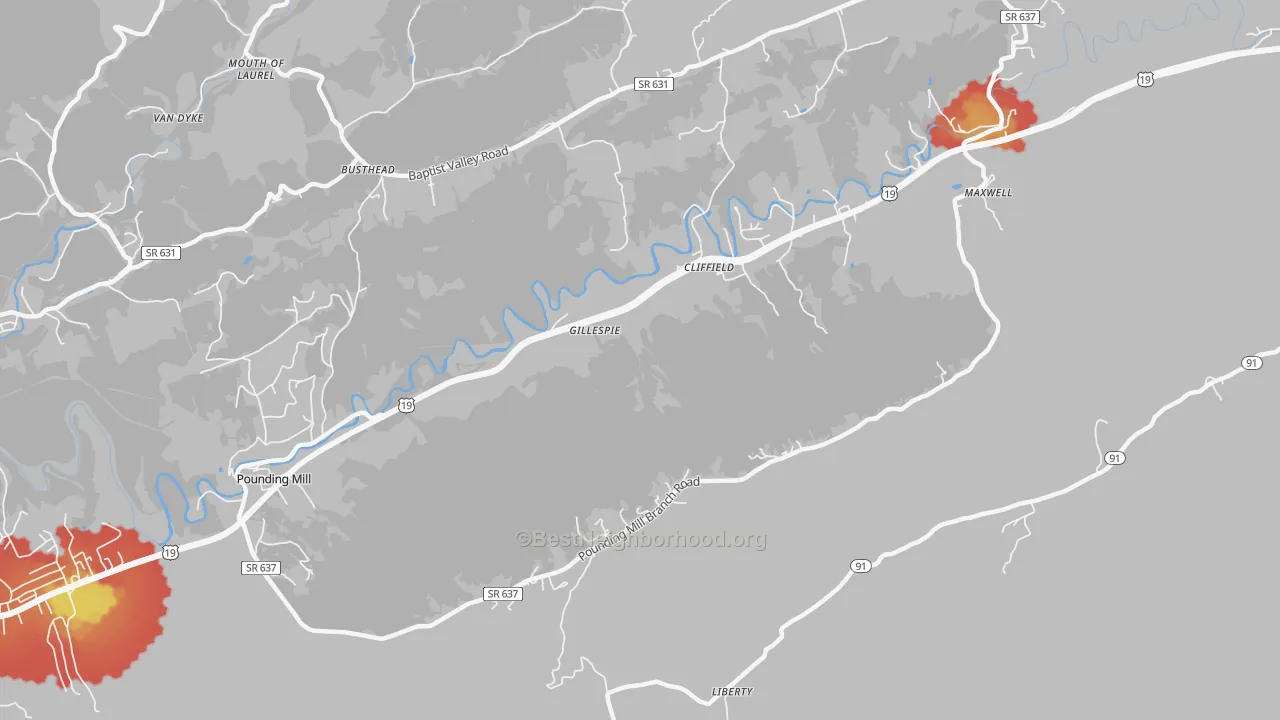 Walk Grade map of Cliffield, VA, walkable areas in green and car-dependent areas in red