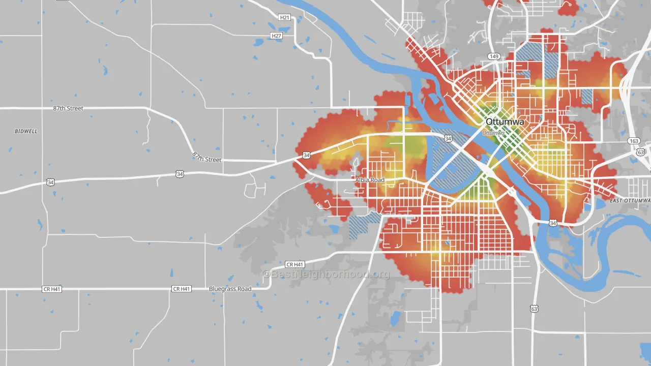 Walk Grade map of Cliffland, IA, walkable areas in green and car-dependent areas in red