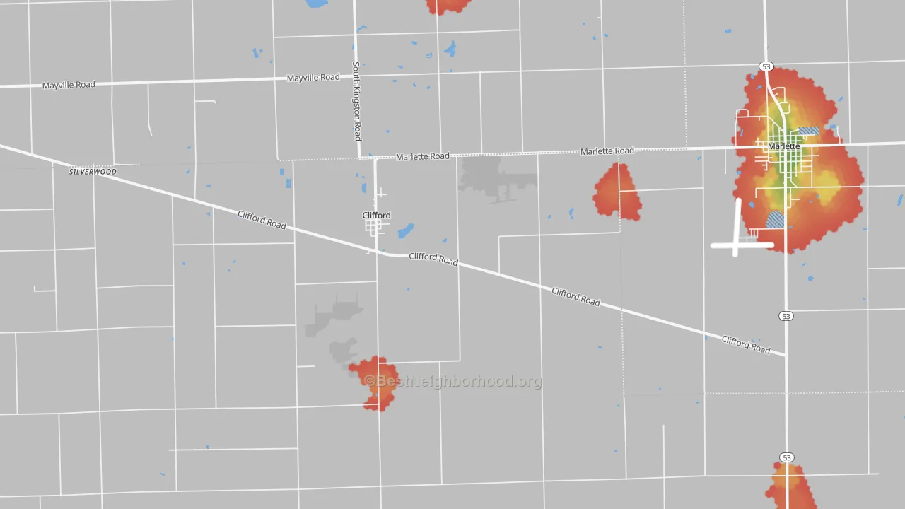Walk Grade map of Clifford, MI, walkable areas in green and car-dependent areas in red