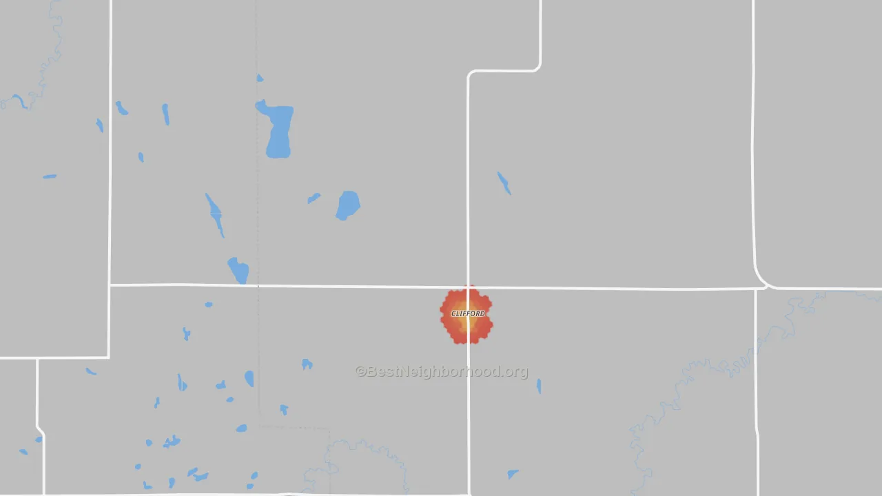 Walk Grade map of Clifford, ND, walkable areas in green and car-dependent areas in red