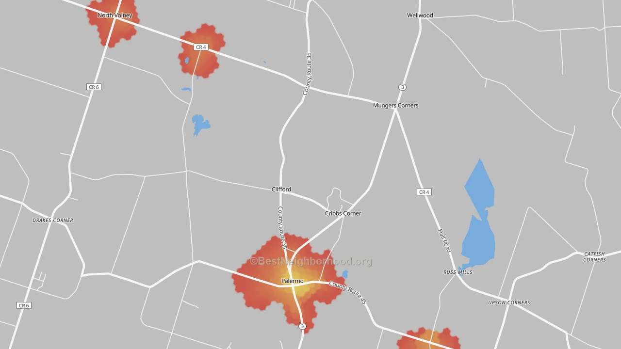 Walk Grade map of Clifford, NY, walkable areas in green and car-dependent areas in red