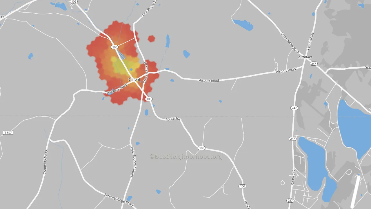 Walk Grade map of Clifford, PA, walkable areas in green and car-dependent areas in red