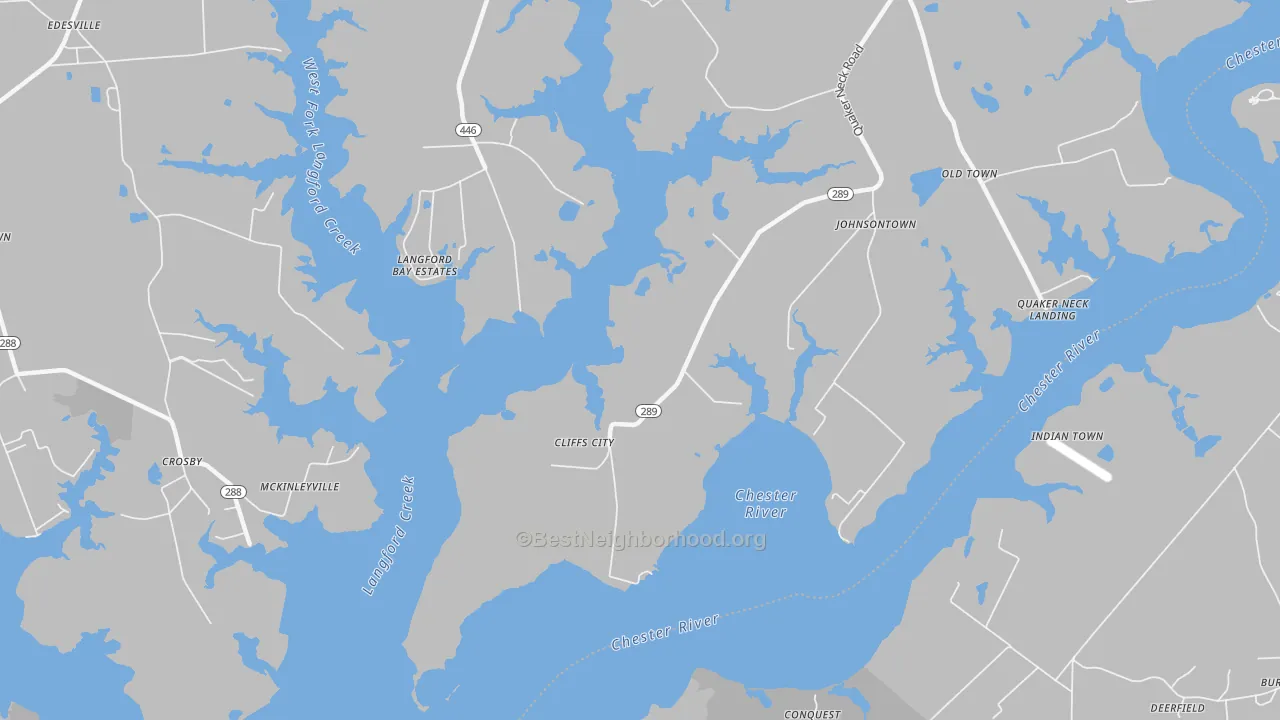 Walk Grade map of Cliffs City, MD, walkable areas in green and car-dependent areas in red