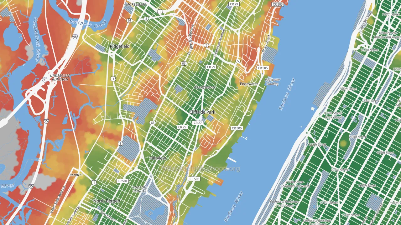 Walk Grade map of Cliffside Park, NJ, walkable areas in green and car-dependent areas in red