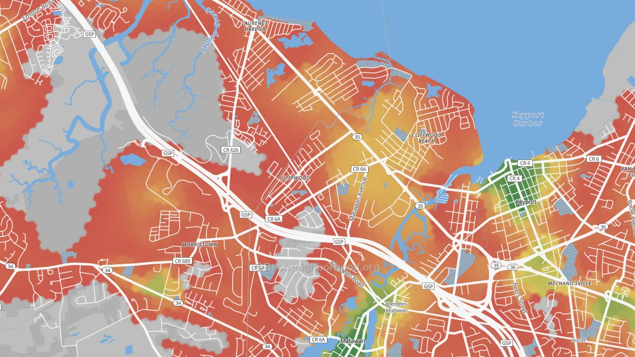 Walk Grade map of Cliffwood, NJ, walkable areas in green and car-dependent areas in red
