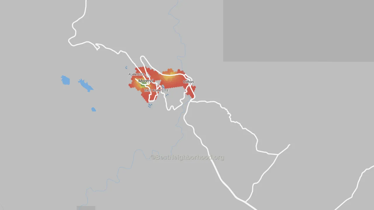 Walk Grade map of Clifton, AZ, walkable areas in green and car-dependent areas in red