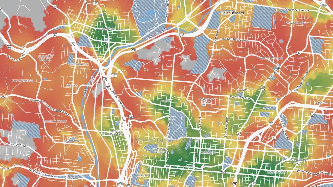 Walk Grade map of Clifton, Cincinnati, OH, walkable areas in green and car-dependent areas in red