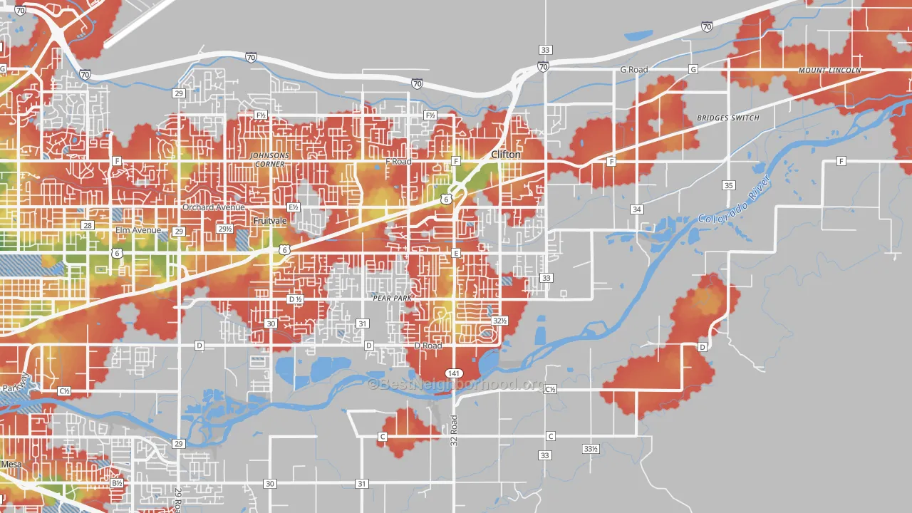 Walk Grade map of Clifton, CO, walkable areas in green and car-dependent areas in red