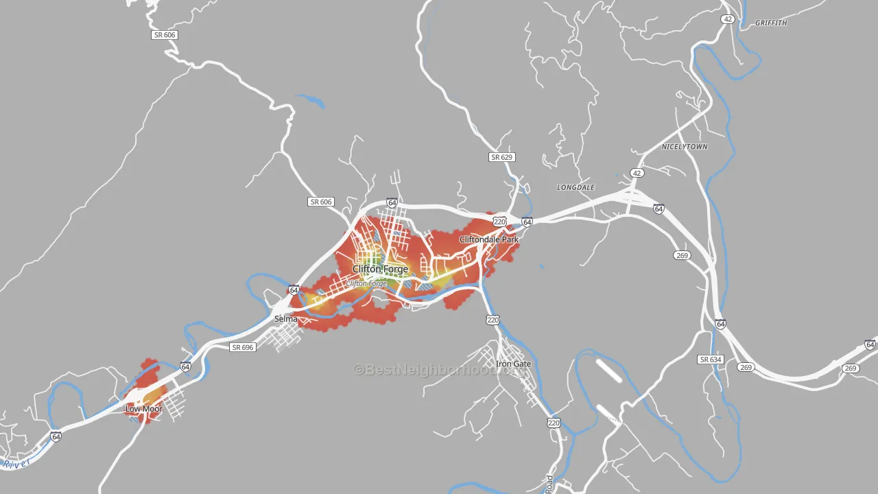 Walk Grade map of Clifton Forge, VA, walkable areas in green and car-dependent areas in red