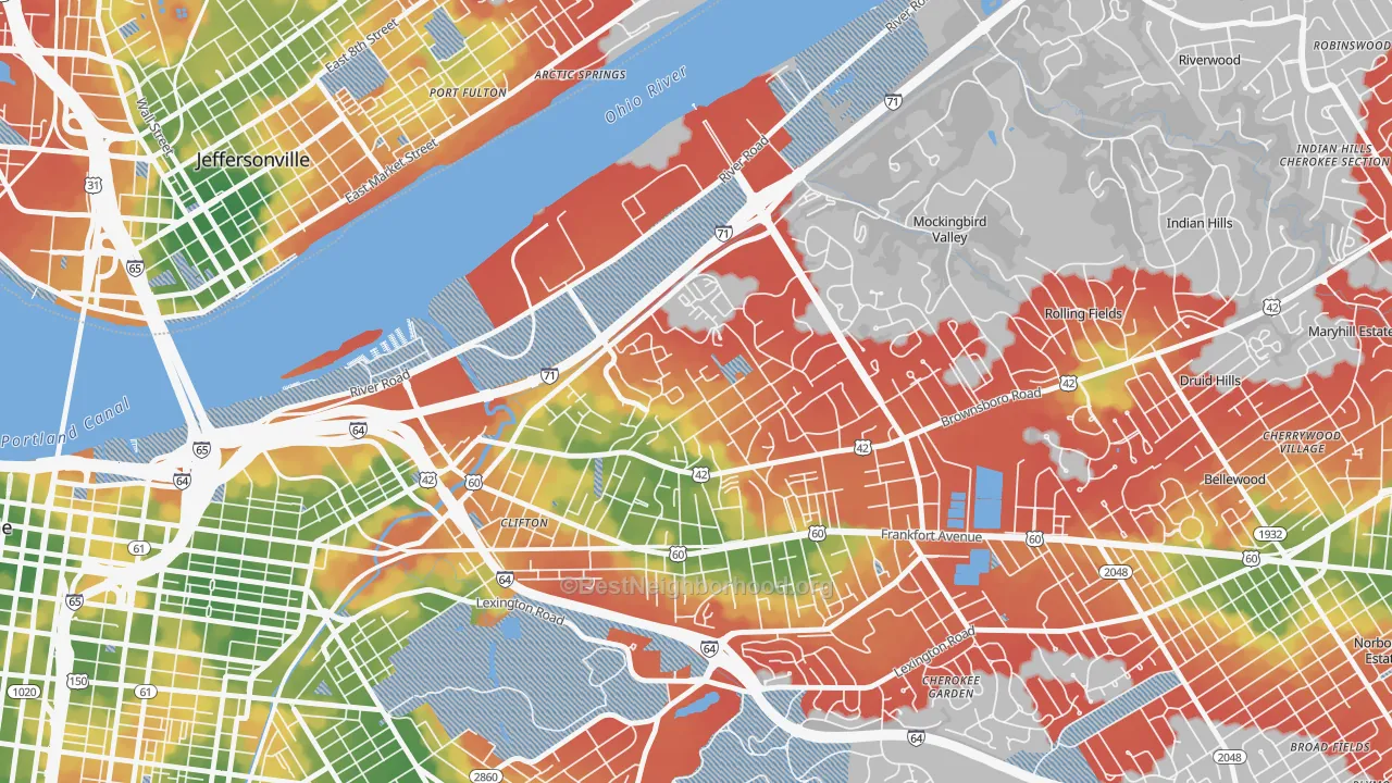 Walk Grade map of Clifton Heights, Louisville, KY, walkable areas in green and car-dependent areas in red