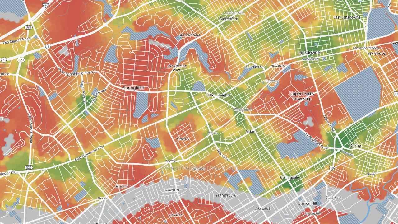 Walk Grade map of Clifton Heights, PA, walkable areas in green and car-dependent areas in red