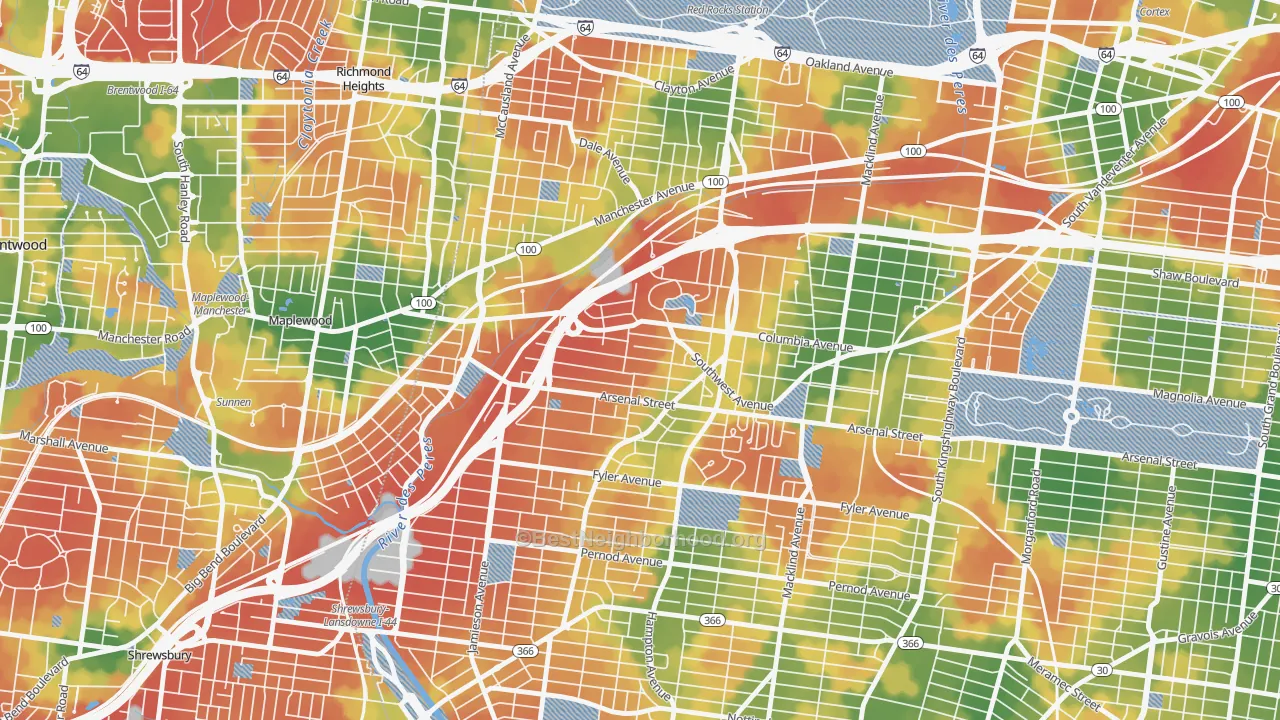 Walk Grade map of Clifton Heights, St. Louis, MO, walkable areas in green and car-dependent areas in red