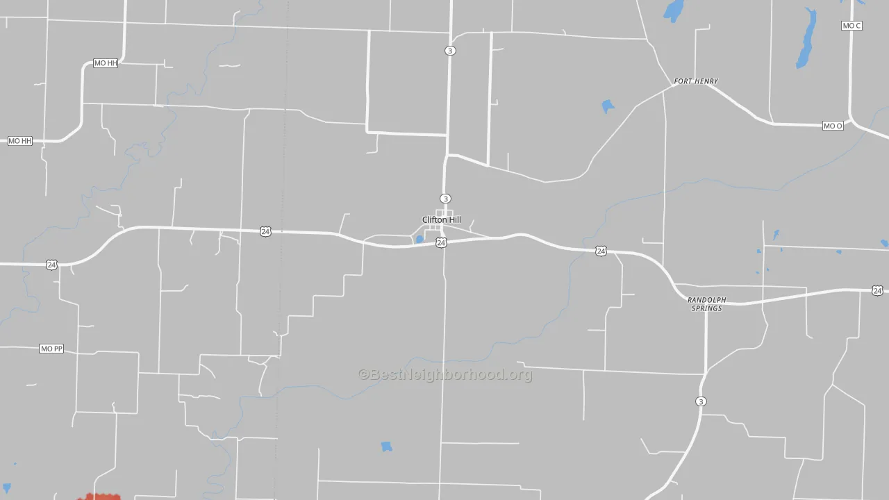 Walk Grade map of Clifton Hill, MO, walkable areas in green and car-dependent areas in red