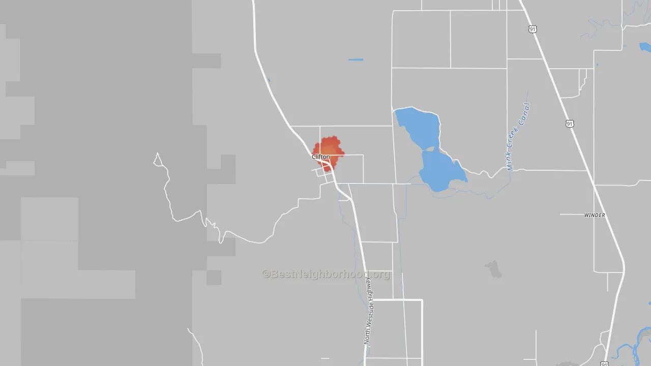 Walk Grade map of Clifton, ID, walkable areas in green and car-dependent areas in red
