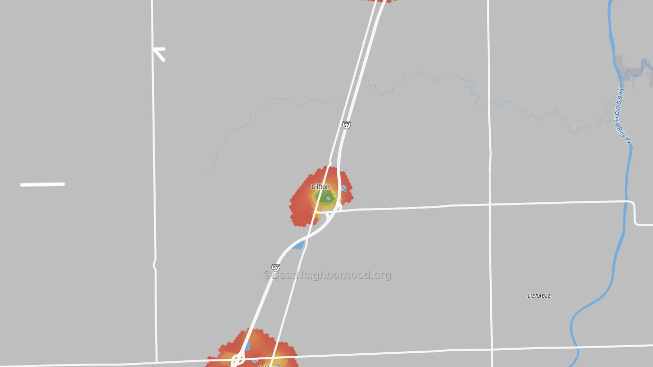 Walk Grade map of Clifton, IL, walkable areas in green and car-dependent areas in red