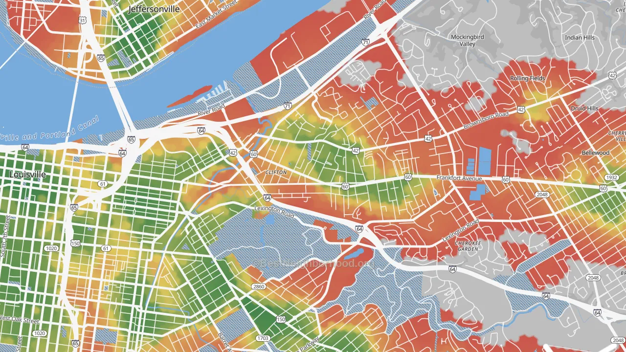 Walk Grade map of Clifton, Louisville, KY, walkable areas in green and car-dependent areas in red