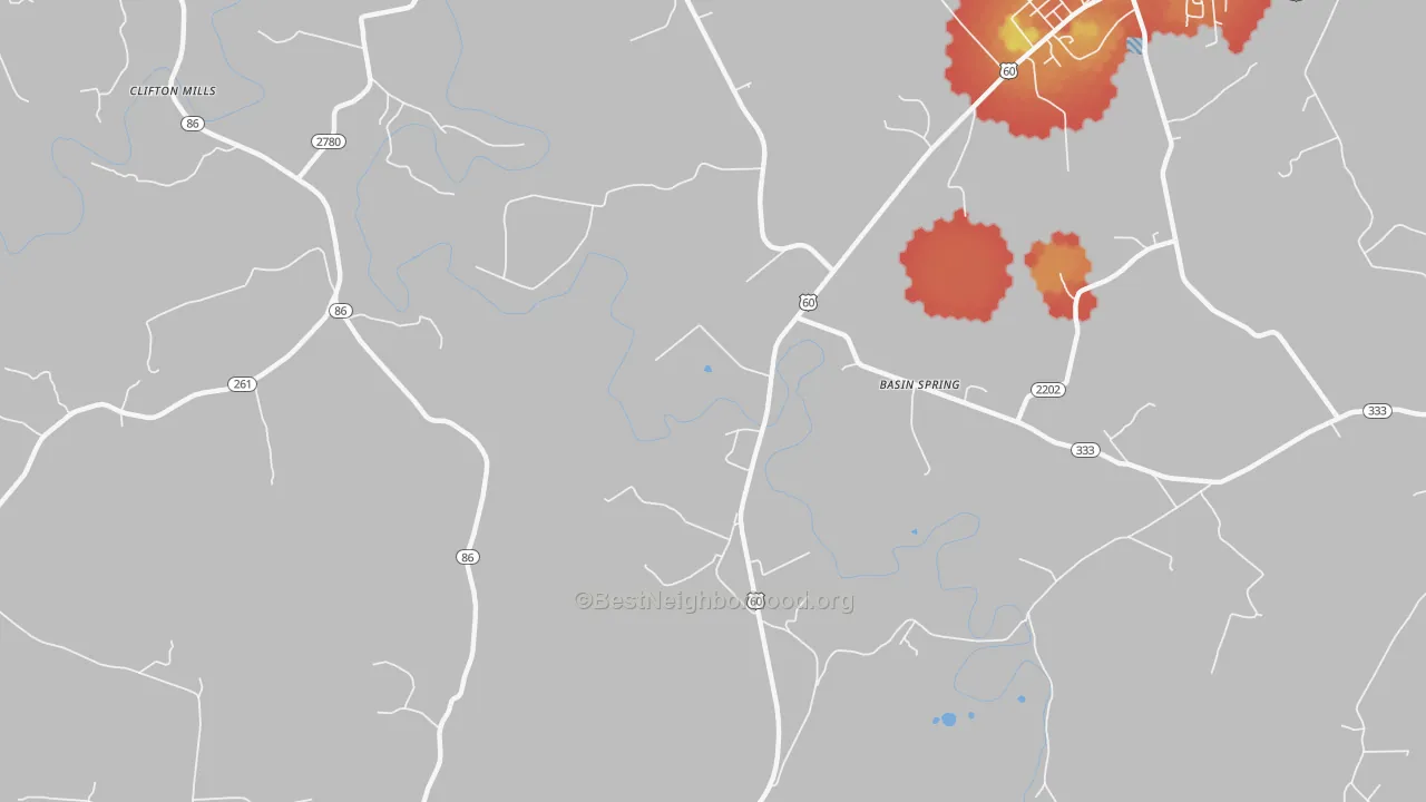 Walk Grade map of Clifton Mills, KY, walkable areas in green and car-dependent areas in red