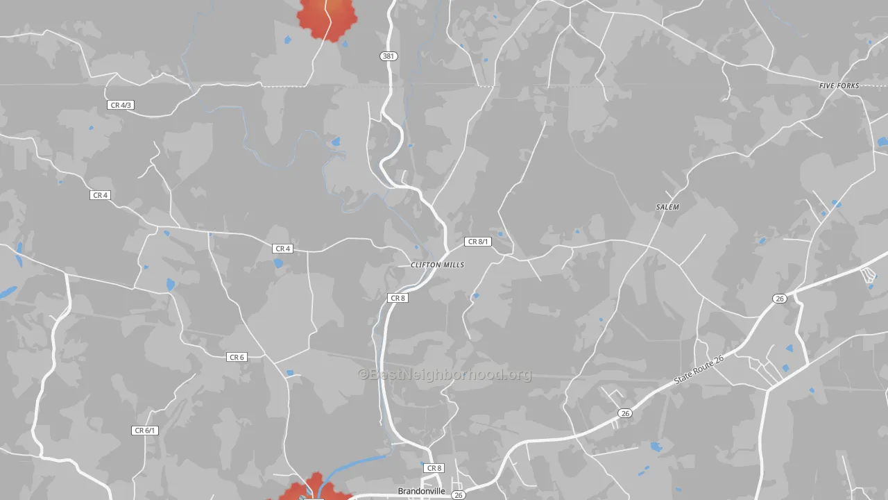 Walk Grade map of Clifton Mills, WV, walkable areas in green and car-dependent areas in red