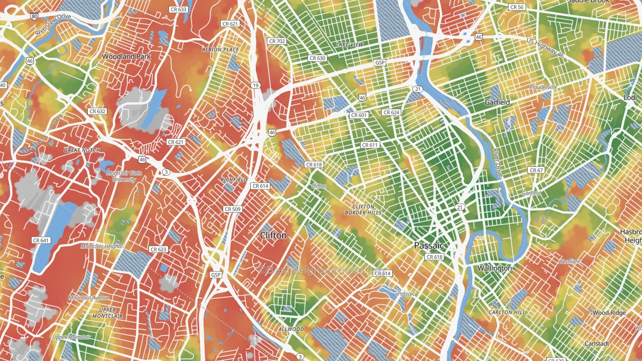 Walk Grade map of Clifton, NJ, walkable areas in green and car-dependent areas in red