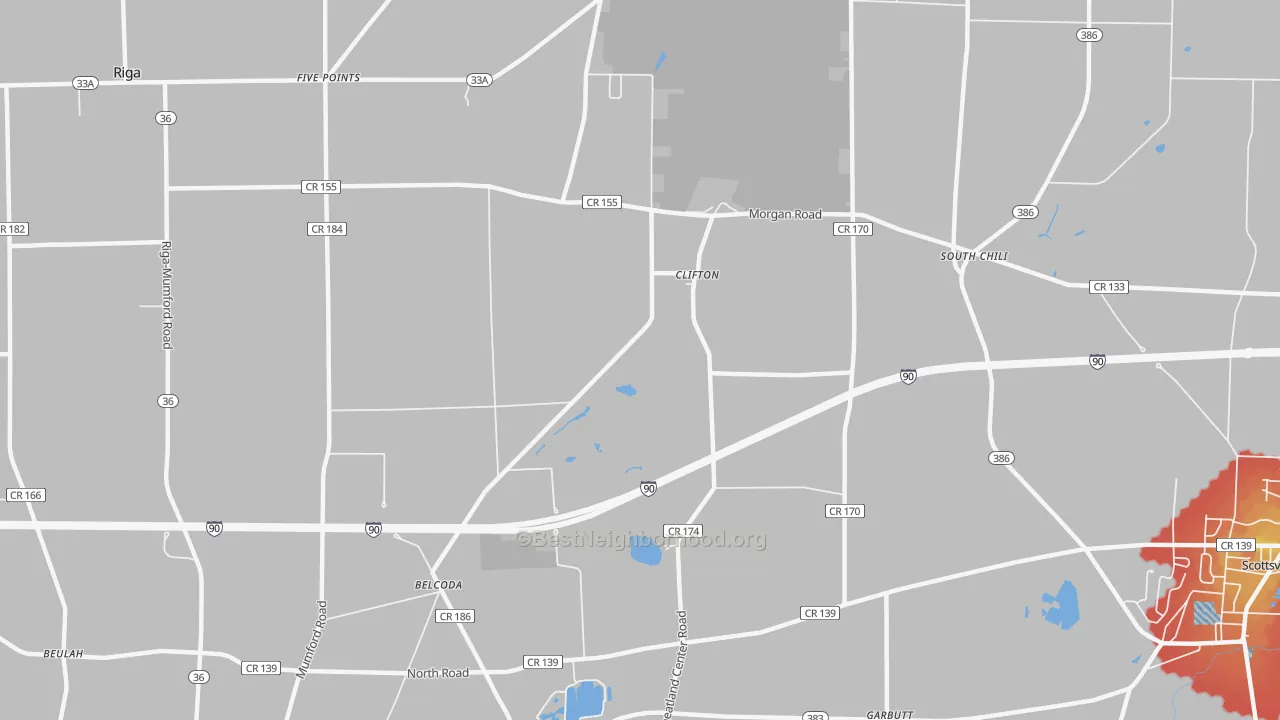 Walk Grade map of Clifton, NY, walkable areas in green and car-dependent areas in red