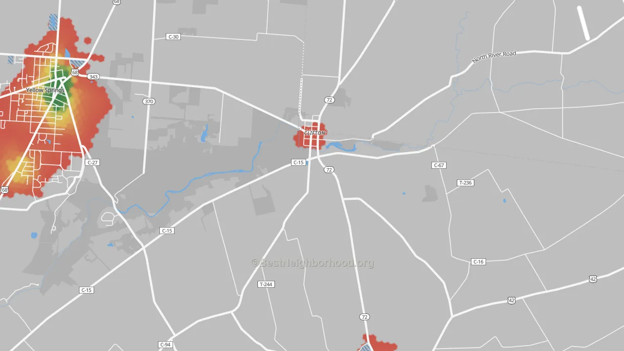 Walk Grade map of Clifton, OH, walkable areas in green and car-dependent areas in red