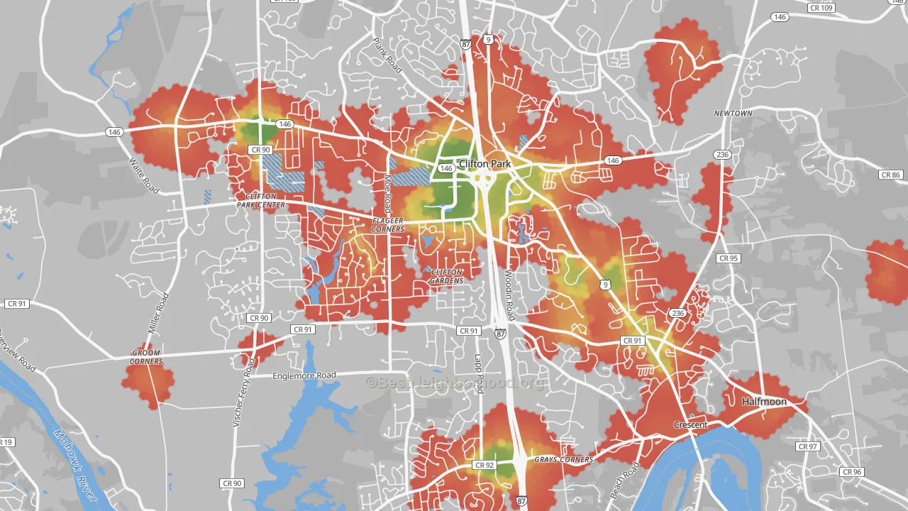 Walk Grade map of Clifton Park, NY, walkable areas in green and car-dependent areas in red
