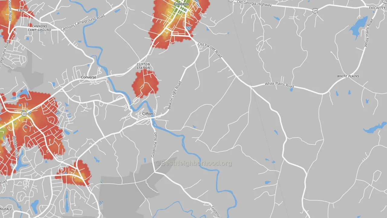 Walk Grade map of Clifton, SC, walkable areas in green and car-dependent areas in red