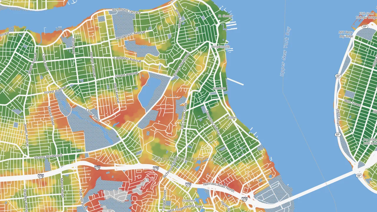 Walk Grade map of Clifton, Staten Island, NY, walkable areas in green and car-dependent areas in red