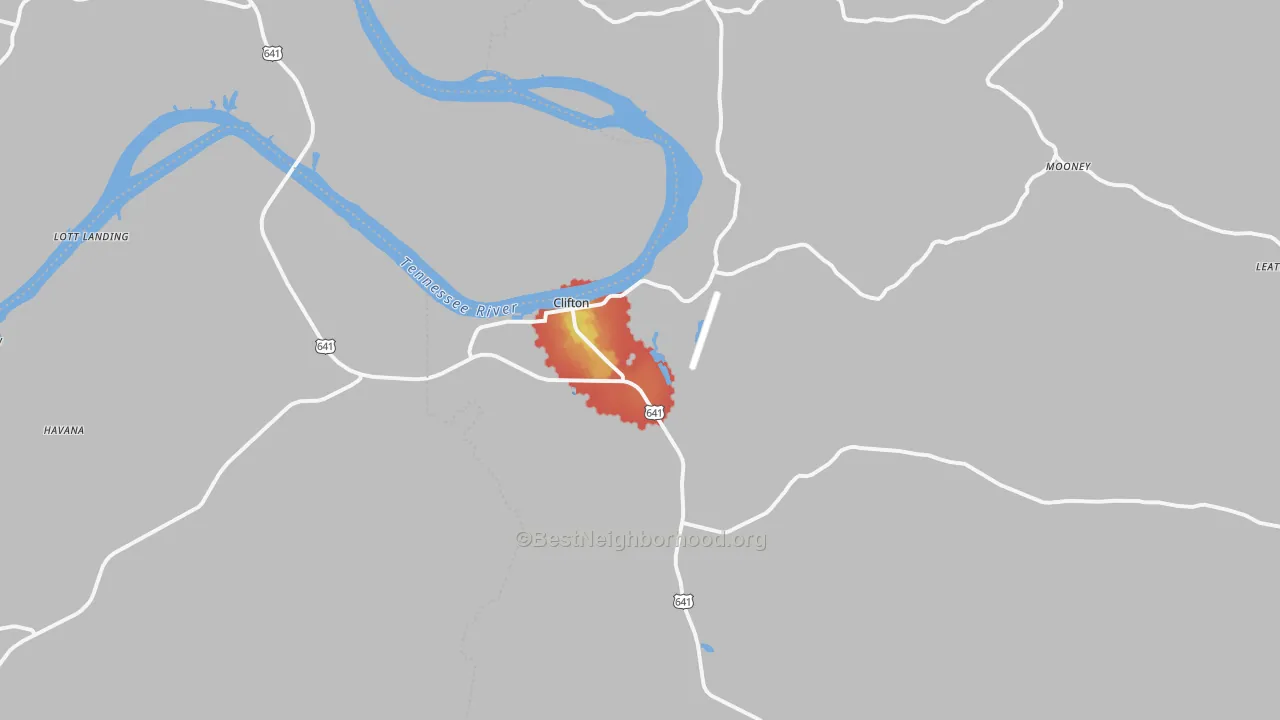 Walk Grade map of Clifton, TN, walkable areas in green and car-dependent areas in red