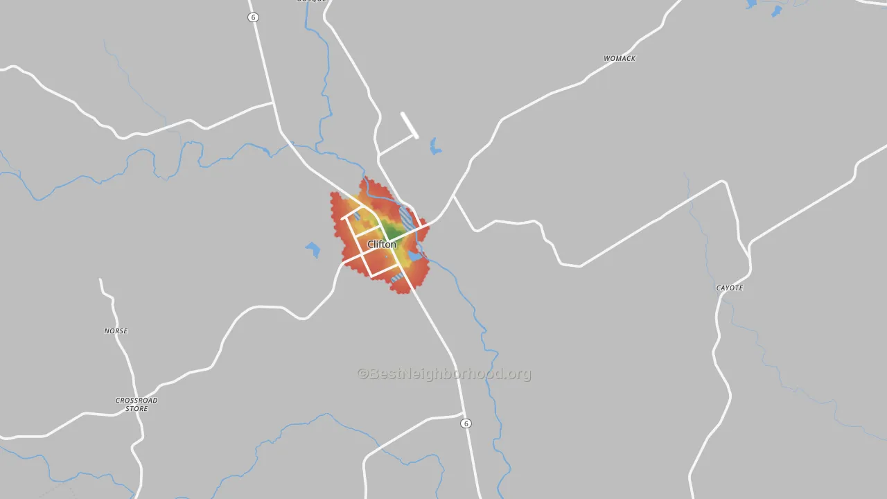 Walk Grade map of Clifton, TX, walkable areas in green and car-dependent areas in red