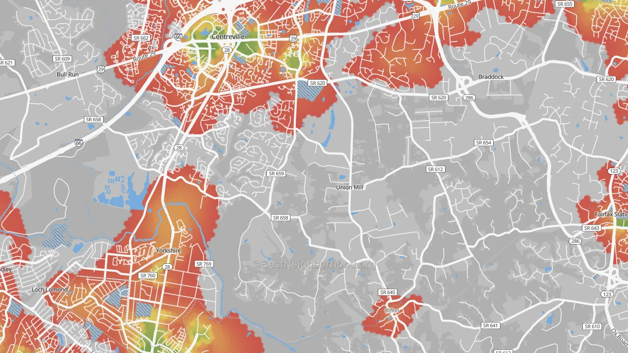 Walk Grade map of Clifton, VA, walkable areas in green and car-dependent areas in red