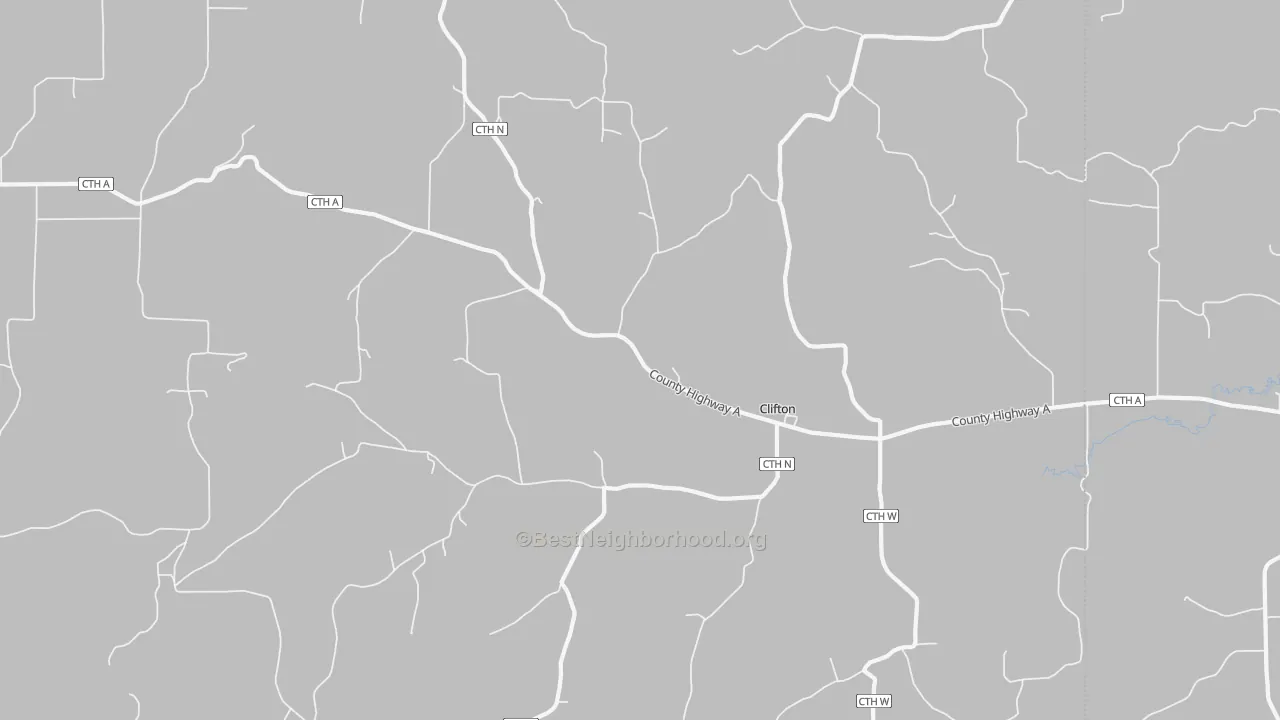 Walk Grade map of Clifton, WI, walkable areas in green and car-dependent areas in red