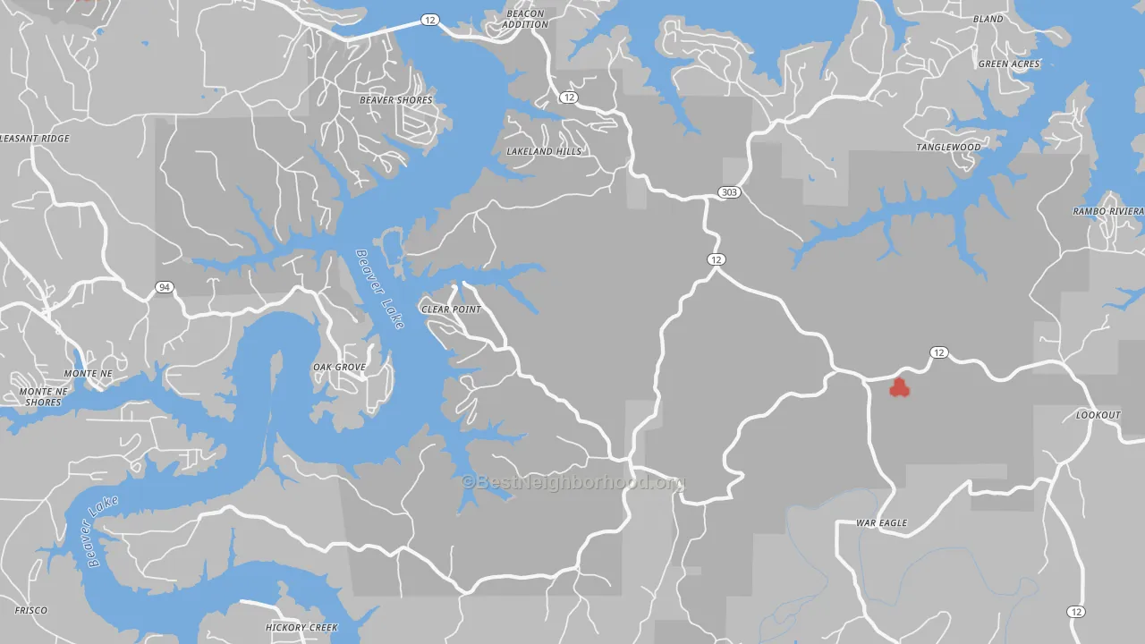 Walk Grade map of Clifty, AR, walkable areas in green and car-dependent areas in red