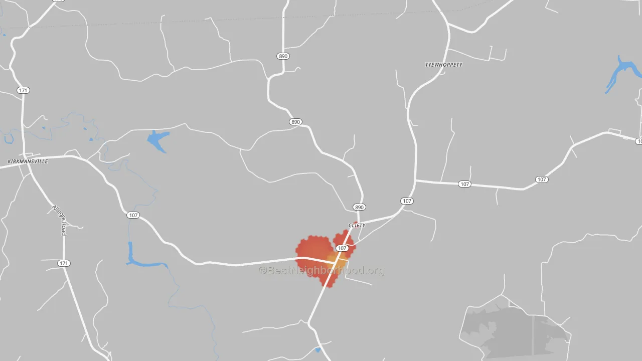 Walk Grade map of Clifty, KY, walkable areas in green and car-dependent areas in red