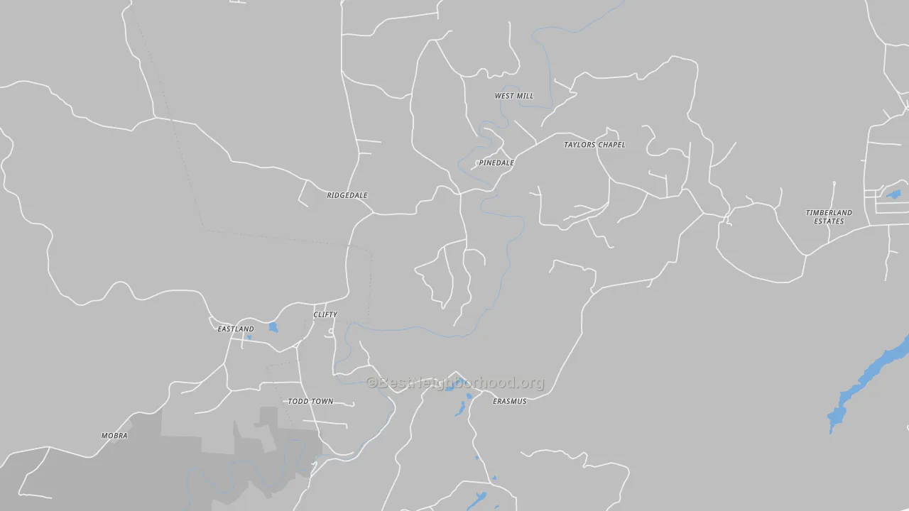 Walk Grade map of Clifty, TN, walkable areas in green and car-dependent areas in red