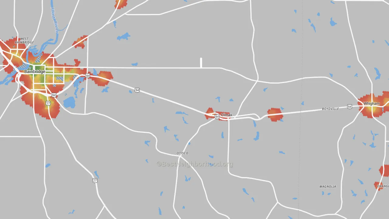 Walk Grade map of Climax, GA, walkable areas in green and car-dependent areas in red