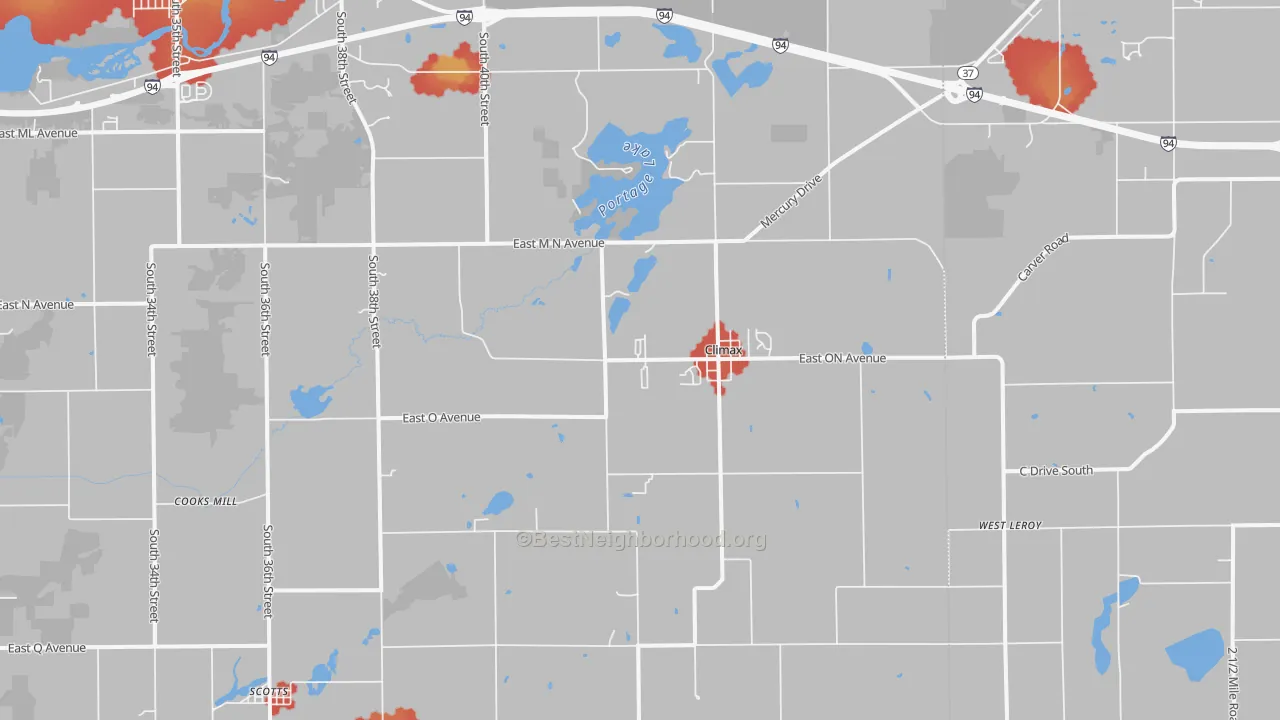 Walk Grade map of Climax, MI, walkable areas in green and car-dependent areas in red