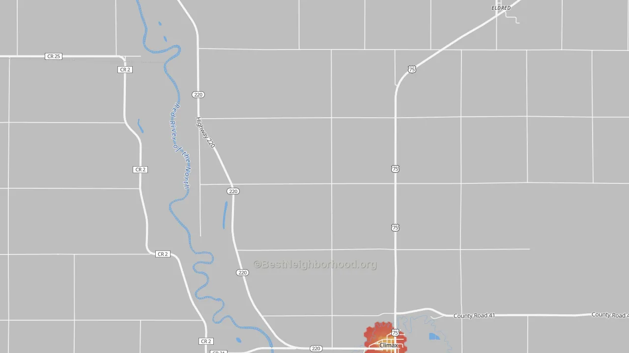 Walk Grade map of Climax, MN, walkable areas in green and car-dependent areas in red