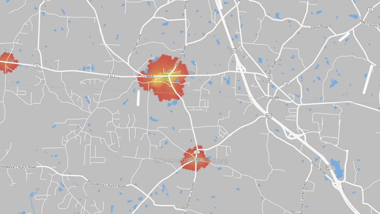 Walk Grade map of Climax, NC, walkable areas in green and car-dependent areas in red