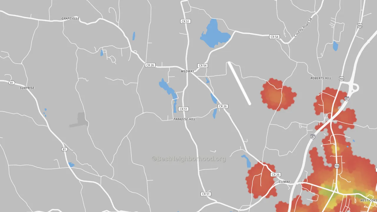 Walk Grade map of Climax, NY, walkable areas in green and car-dependent areas in red