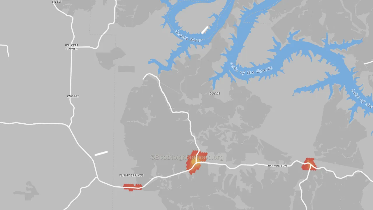 Walk Grade map of Climax Springs, MO, walkable areas in green and car-dependent areas in red