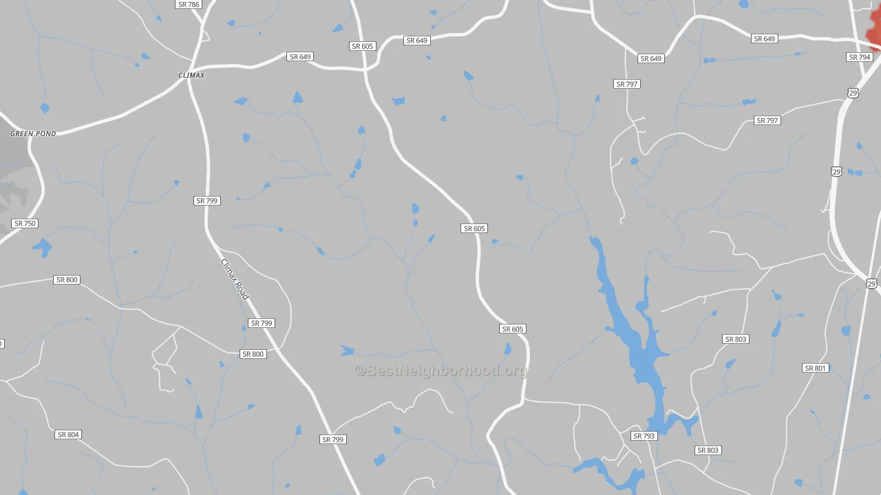 Walk Grade map of Climax, VA, walkable areas in green and car-dependent areas in red