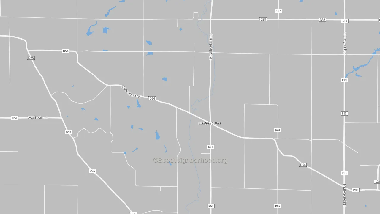 Walk Grade map of Climbing Hill, IA, walkable areas in green and car-dependent areas in red