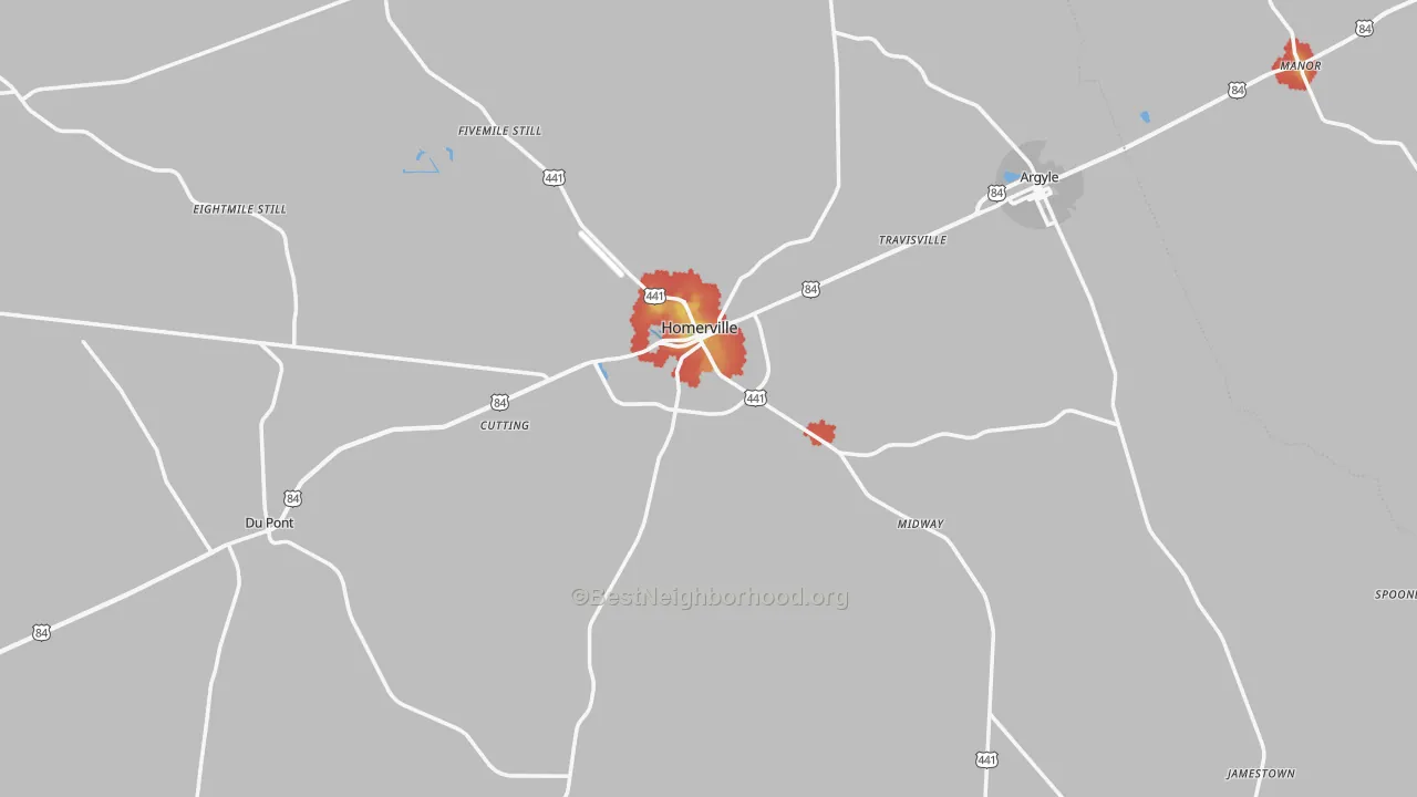 Walk Grade map of Clinch County, GA, walkable areas in green and car-dependent areas in red