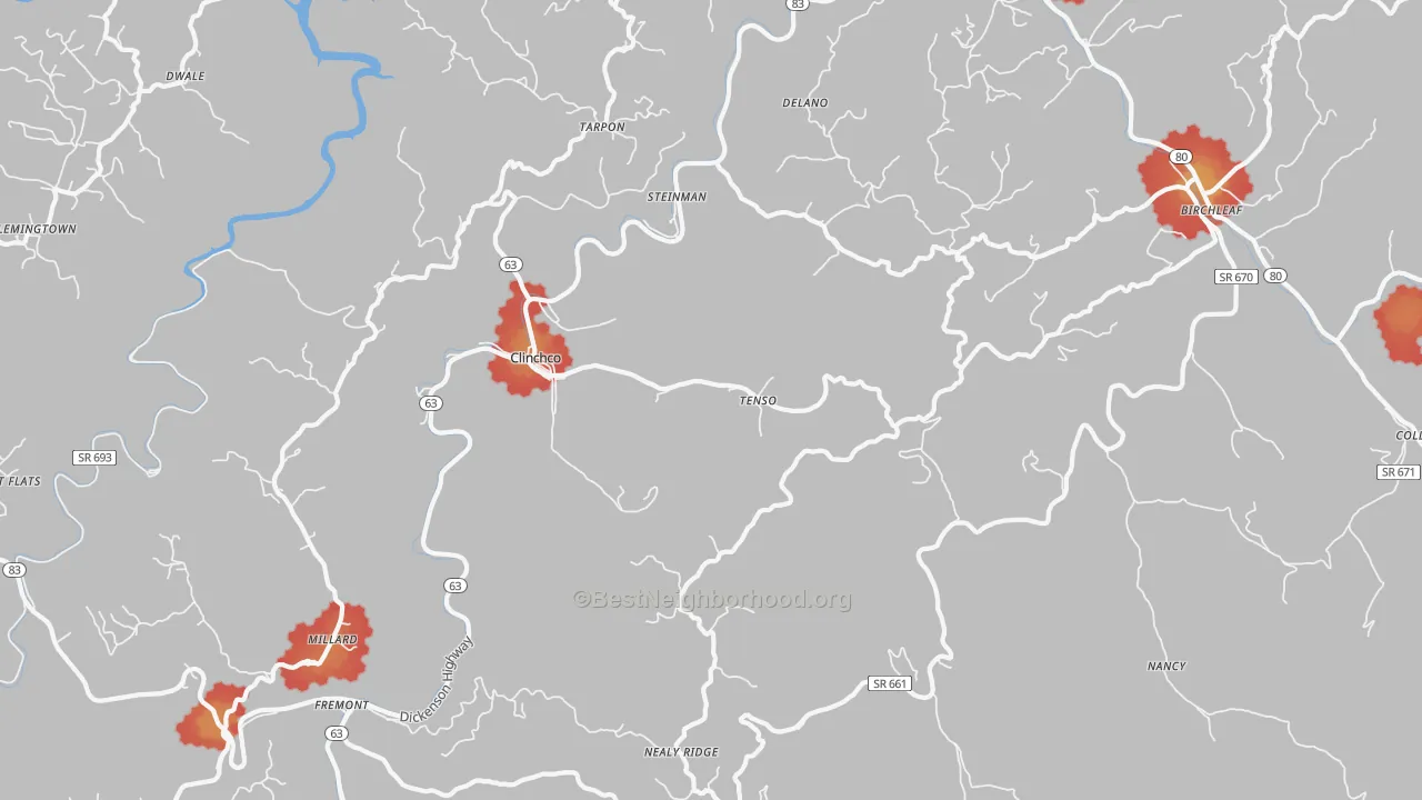 Walk Grade map of Clinchco, VA, walkable areas in green and car-dependent areas in red